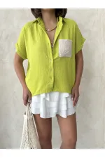 Topshow Pistachio Green Linen Raw Pocket Applique Pocket Linen Wholesale Shirt