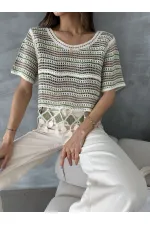 Topshow Emerald Mesh Bottom Pompom Wholesale Blouse