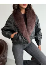 Topshow Fur-Collared Double-Breasted Leather Jacket - Black | F2050