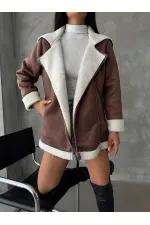 Manteau en cuir à fermeture éclair et col en fourrure (vente en gros) - Beige crème | TOPSHOW | F1534