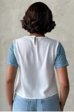 Kot Detaylı Toptan T-Shirt - Krem Mavi | Topshow