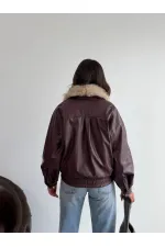 Veste en cuir croisée à col en fourrure Topshow - Bordeaux | F2050