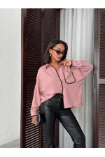 Topshow Powder Pink Black Embroidered Pocketed Linen Wholesale Shirts