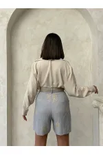 Kemer Detaylı Nakışlı Keten Şort - Gri | Topshow