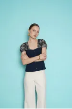 Boat Neck Blouse with Lace Detail on Shoulder - Navy Blue | D2994 - Topshow