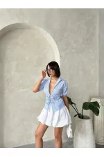 Önden Bağlamalı Çizgili Gömlek - Mavi Topshow