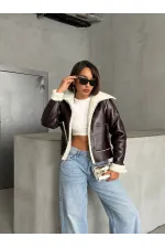 Manteau zippé en cuir laminé - Crème café | TOPSHOW | F1511