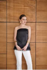 Bustier en satin noir à pois et détails en dentelle | D2963 - Topshow