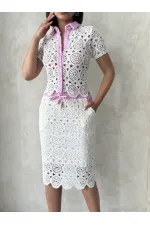 Kot Detaylı Dantel Uzun Etek - Ham Pembe | Topshow