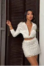 Topshow Pul Detaylı Abiye Mini Etek - Krem | F2011