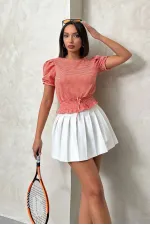 Blouse Topshow orange à carreaux imprimés taille haute, vente en gros