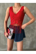 Bustier à col en V et jupe à franges rouge (vente en gros) | TOPSHOW