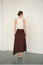 Jupe en satin marron avec détails en dentelle | D2976 - Topshow