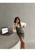 Düğmeli Deri Toptan Yelek - Haki | TOPSHOW | F1503