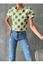 Topshow Raw Emerald Short Sleeve Checkerboard Pattern Crochet Wholesale Blouse