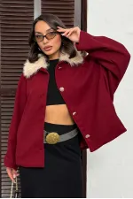 Manteau en cachemire boutonné à col peluche Topshow - Bordeaux | F2048