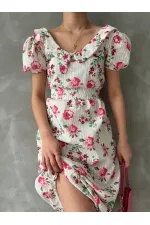 Topshow Fuchsia Embroidery Detailed Patterned Wholesale Dress