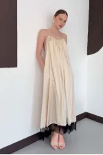 D 3022 DANTEL DETAYLI SATEN ELBİSE - TAŞ