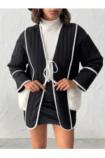 Topshow - Toptan Peluş Cep Detaylı Kapitone Ceket - Siyah