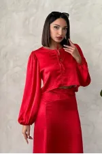 Kraşlı Saten Önden Bağlamalı Toptan Bluz - Kırmızı | Topshow | F1916