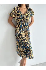 Topshow Leopard Saxe Patterned Long Wholesale Dress