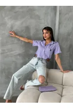 Topshow Lilac Striped Belt Detailed Striped Wholesale Shirt