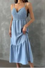 Robe longue Topshow bleue en lin à bretelles et col en V, vente en gros