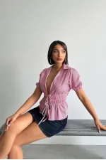 Önden Bağlamalı Çizgili Gömlek - Bordo Topshow