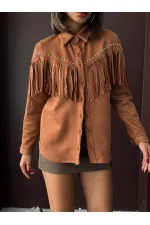 Chemise Topshow à franges en daim scuba - Beige | F2029