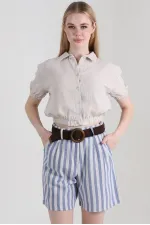 Topshow Mavi Çizgili Kemerli Keten Toptan Şort