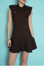 Sleeveless Mini Wholesale Dress with Shoulder Epaulets - Brown | D2974 - Topshow