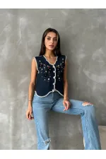 Topshow Lacivert Nakışlı Toptan Yelek