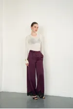 Wholesale Satin Trousers with Lace Hem - Plum | D2969 - Topshow