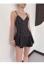 D3003  PUANTİYELİ ASKILI MİNİ ELBİSE - SİYAH KREM