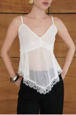 Askılı Dantel Detaylı Tül Toptan Bluz - Krem | D2979 - Topshow