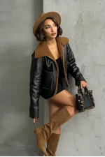 Manteau zippé en cuir Amine - Noir et marron | TOPSHOW | F1511