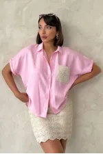 Aplik Cepli Keten Toptan Gömlek - Pembe | Topshow