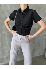 Topshow Black Gipel Front Gathered Wholesale Blouse