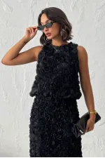 Topshow - Toptan Gül Süzüneli Kolsuz Bluz - Siyah