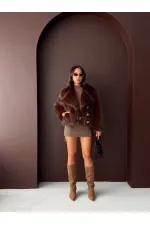 Topshow - Toptan Tavşan Tüyü Dügmeli Kaban - Koyu Kahve