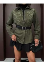 Topshow Nakışlı Scuba Süet Gömlek - Haki | F2024