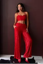 Topshow - Wholesale Sequined Wide Leg Women's Trousers - Elegant Night Outfit - Red