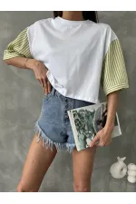 Topshow Fıstık Yeşili Çizgili Poplin Kollu Toptan T-Shirt