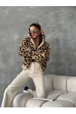 Leopar Bakılı Peluj Toptan Mont - Koyu Taş Leopar | TOPSHOW | F1650