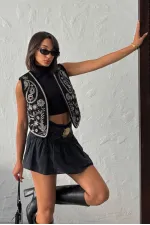 Topshow - Toptan Fitili Kadife Nakışlı Yelek - Siyah