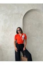 Topshow Orange Floral Chest Linen Wholesale Shirt