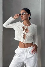 Chemisier à nouer sur le devant en gros - Crème | TOPSHOW | F1705