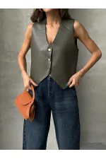 Gilet en cuir boutonné en gros - Kaki | TOPSHOW | F1515