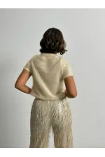 Simli Saçaklı Toptan Bluz - Krem | TOPSHOW | F1832