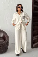 Topshow - Toptan Cebi Nakışlı Fitilli Kadife Gömlek - Krem